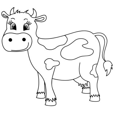 Sevimli çizgi inek çocuk için beyaz arka plan üzerinde yazdırır, t-shirt, renkli kitap, çocuklar için eğlenceli ve samimi karakter