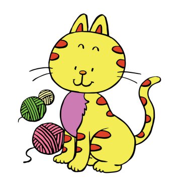 Sevimli çizgi kedi çocuk için beyaz arka plan üzerinde yazdırır, t-shirt, renkli kitap, çocuklar için eğlenceli ve samimi karakter