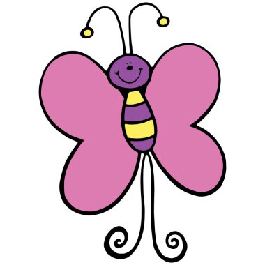 Sevimli çizgi kelebek çocuk için beyaz arka plan üzerinde yazdırır, t-shirt, renkli kitap, çocuklar için eğlenceli ve samimi karakter