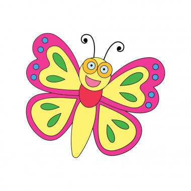 Sevimli çizgi kelebek çocuk için beyaz arka plan üzerinde yazdırır, t-shirt, renkli kitap, çocuklar için eğlenceli ve samimi karakter