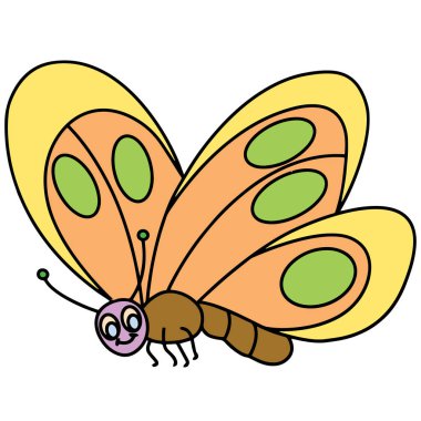 Sevimli çizgi kelebek çocuk için beyaz arka plan üzerinde yazdırır, t-shirt, renkli kitap, çocuklar için eğlenceli ve samimi karakter