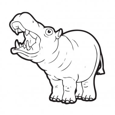 Sevimli çizgi hippo çocuk için beyaz arka plan üzerinde yazdırır, t-shirt, renkli kitap, çocuklar için eğlenceli ve samimi karakter