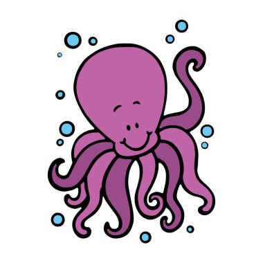 Sevimli çizgi ahtapot çocuk için beyaz arka plan üzerinde yazdırır, t-shirt, renkli kitap, çocuklar için eğlenceli ve samimi karakter