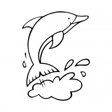 Sevimli çizgi yunus çocuk için beyaz arka plan üzerinde yazdırır, t-shirt, renkli kitap, çocuklar için eğlenceli ve samimi karakter