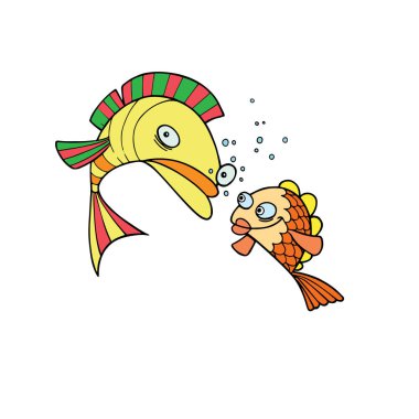 Sevimli çizgi balık çocuk için beyaz arka plan üzerinde yazdırır, t-shirt, renkli kitap, çocuklar için eğlenceli ve samimi karakter