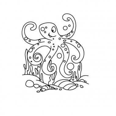 Sevimli çizgi ahtapot çocuk için beyaz arka plan üzerinde yazdırır, t-shirt, renkli kitap, çocuklar için eğlenceli ve samimi karakter