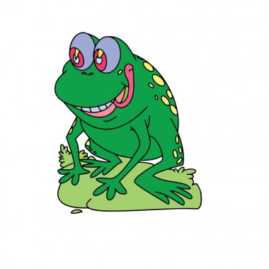 Sevimli çizgi kurbağa çocuk için beyaz arka plan üzerinde yazdırır, t-shirt, renkli kitap, çocuklar için eğlenceli ve samimi karakter