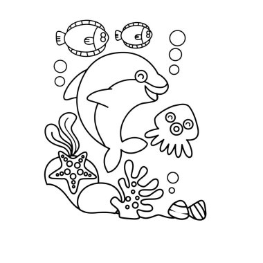 Sevimli çizgi yunus çocuk için beyaz arka plan üzerinde yazdırır, t-shirt, renkli kitap, çocuklar için eğlenceli ve samimi karakter