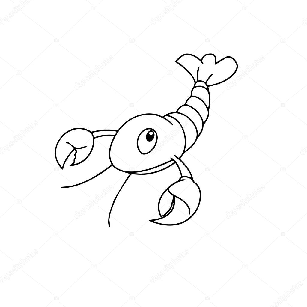 Cute cartoon lobster on white background for childrens prints, t-shirt, color book, funny and friendly character for kids