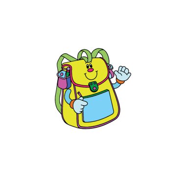 Sevimli çizgi çanta çocuk için beyaz arka plan üzerinde yazdırır, t-shirt, renkli kitap, çocuklar için eğlenceli ve samimi karakter