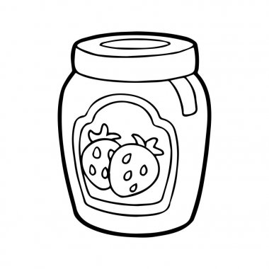 Çilek sevimli çizgi kavanoz reçel çocuk parmak, t-shirt, renkli kitap, çocuklar için eğlenceli ve samimi karakteri için beyaz arka plan üzerinde