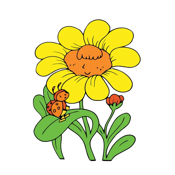 Cute cartoon flower on white background for childrens prints, t-shirt, color book, funny and friendly character for kids