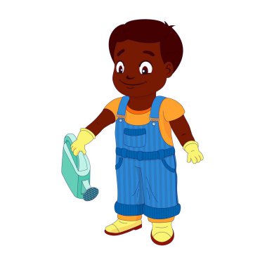 Gömlek giymiş, kot pantolon giymiş, su geçirmez botları ve eldivenleri olan gülümseyen çocuk sağ elinde bir su kovası tutuyor. Bir çocuğun evde ya da bahçede çalışmasına yardım etmesi kavramı.