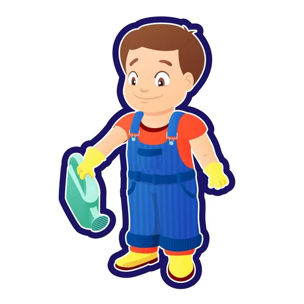 Niño Sonriente Vestido Con Una Camisa Mezclilla General Botas Estancas — Vector de stock