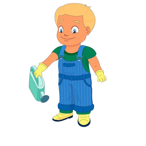 Niño Sonriente Vestido Con Una Camisa Mezclilla General Botas Estancas — Vector de stock