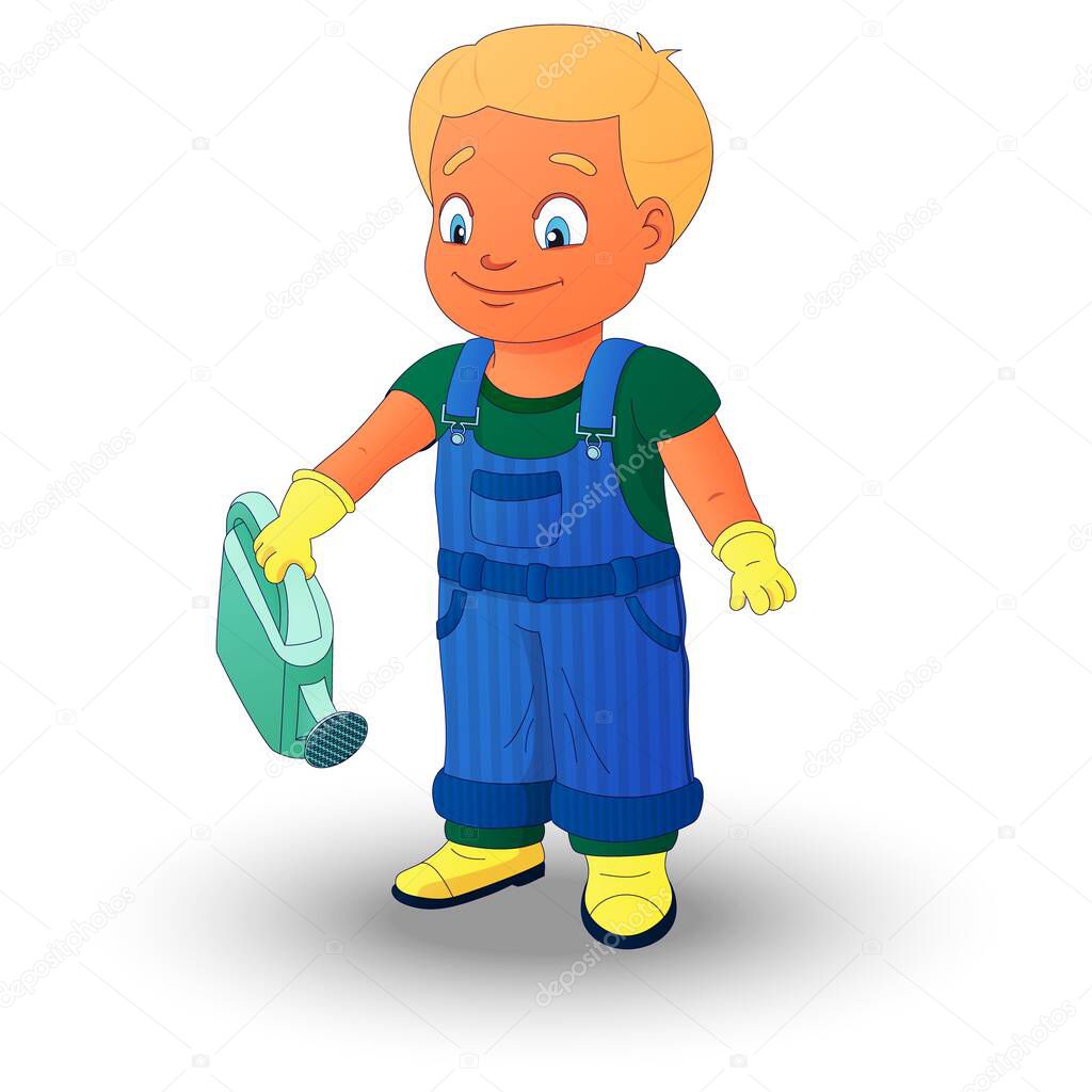 Smiling boy dressed in a shirt, denim overall, watertight boots and gloves holds a watering can in the right hand. Concept of a child helping out with the work around the house or in the garden.