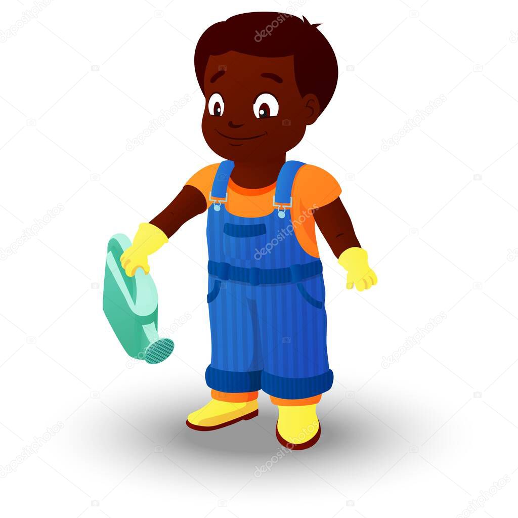 Smiling boy dressed in a shirt, denim overall, watertight boots and gloves holds a watering can in the right hand. Concept of a child helping out with the work around the house or in the garden.
