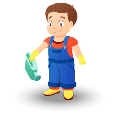 Gömlek giymiş, kot pantolon giymiş, su geçirmez botları ve eldivenleri olan gülümseyen çocuk sağ elinde bir su kovası tutuyor. Bir çocuğun evde ya da bahçede çalışmasına yardım etmesi kavramı.