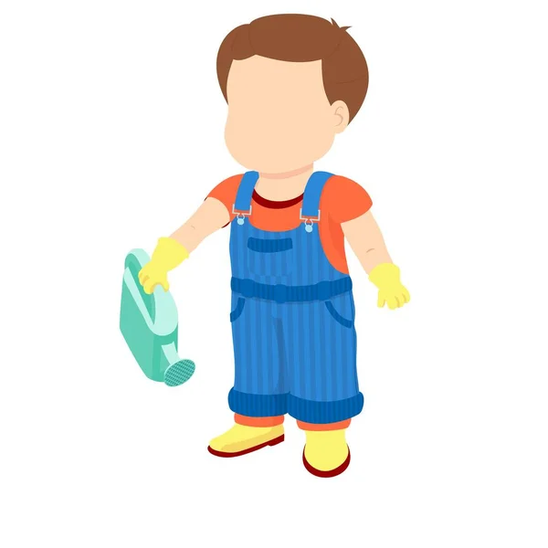 Boy Dressed Shirt Denim Overall Watertight Boots Gloves Holds Watering — Stock Vector