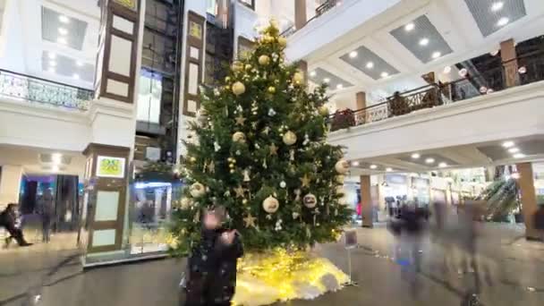 クリスマスツリーのタイムラプスハイパーラプスで飾られたマルチレベルショッピングモールのインテリア — ストック動画