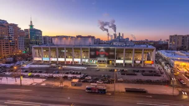 Moscow city Russia skyline aerial panoramic top view day to night timelapse hyperlapse urban winter snow scenery architecture background — Stock Video