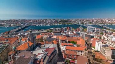 Galata Kulesi görünümüne Galata Köprüsü timelapse Haliç, Istanbul, Türkiye