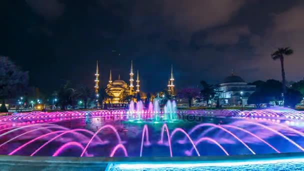 Fontän timelapse framför Blå moskén Sultanahmet moskén på natten. Istanbul, Turkiet — Stockvideo