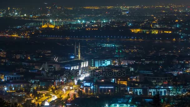 Isztambul klasszikus éjszaka skyline táj timelapse, kilátás nyílik a Boszporusz csatorna. — Stock videók