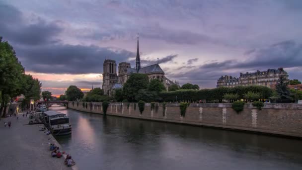 Кафедральный собор Парижской Богоматери ежедневно после захода солнца в Париже, Франция. — стоковое видео