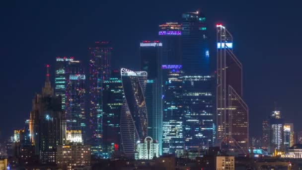 Stalin skyskrapers natt timelapse, Moscow International Business Center och panoramautsikt över Moskva — Stockvideo