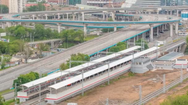 モスクワ鉄道タイムラプス - の小さなリングは、モスクワ、ロシアで 54.4 キロ長い軌道鉄道です。Shelepikha 駅 — ストック動画