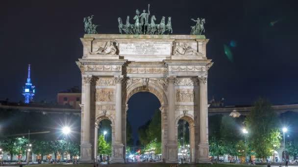 Arch av fred i Simplon Square timelapse på natten. Det är en neoklassisk triumf båge — Stockvideo