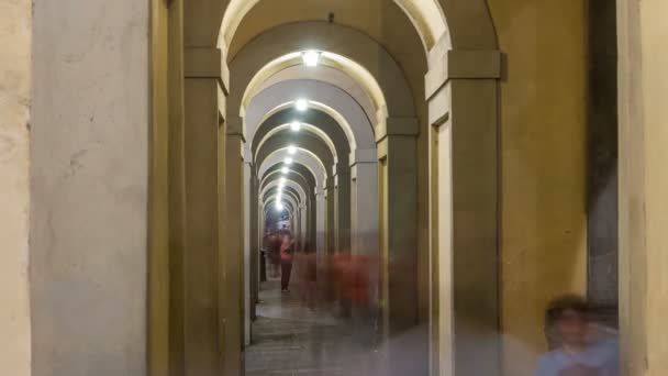 Bogen van de Vasari Corridor nacht timelapse in Florence, Italië. — Stockvideo