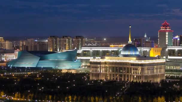 Akorda - residence President Republic of Kazakhstan and Central Concert Hall at night timelapse — Stock Video