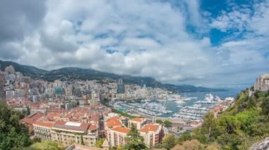Monte Carlo şehir hava panorama timelapse. Lüks Yatlar ve daireler Monako harbor, Cote dazur görünümünü.