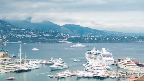 Monte Carlo şehir hava panorama timelapse. Lüks Yatlar ve daireler Monako harbor, Cote dazur görünümünü. — Stok video