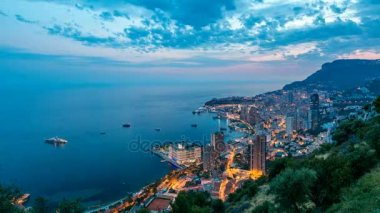 Hava üstten görünüm Monaco grand corniche road günden itibaren gece timelapse, Monaco Fransa için