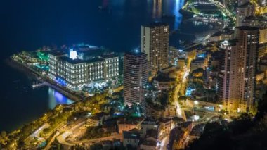 Hava üst görünümden Monaco grand corniche road gece timelapse, Monaco Fransa