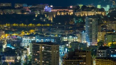 Hava üst görünümden Monaco grand corniche road gece timelapse, Monaco Fransa