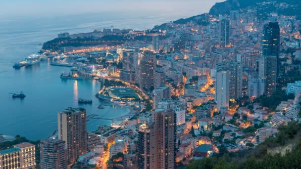 Góry widok z lotu ptaka Monako od grand corniche road dzień do nocy timelapse, Monaco, Francja — Wideo stockowe