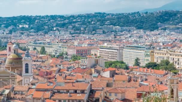 Bright sun lights red roofs of the old city timelapse. Aerial view from Shattos hill. Nice, France — Stock Video