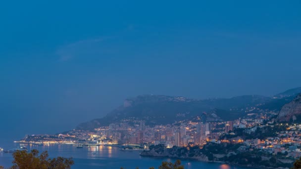 Stadsgezicht van Monte Carlo nacht naar dag timelapse, Monaco voor zomer zonsopgang. — Stockvideo
