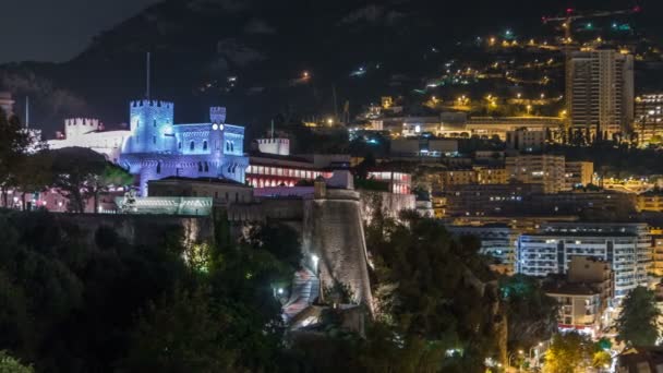 Princes palats i Monaco upplyst av natt timelapse med observationsdäck — Stockvideo