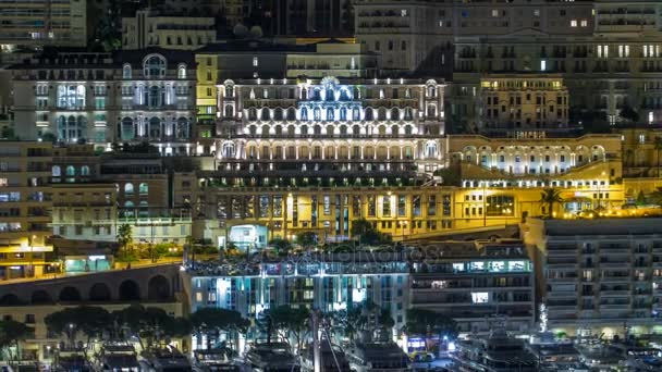 Panorama des monte carlo zeitraffer in der nacht von der aussichtsplattform im dorf monaco mit herkules-hafen — Stockvideo