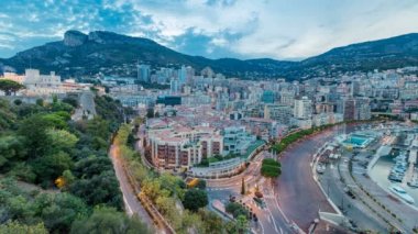 Gece timelapse Monte Carlo gün Monaco Köyü yakınlarındaki Port Herkül gözlem güverteden Panoraması