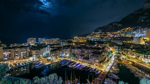 Panoramautsikt över Fontvieille natt timelapse - nya distrikt i Monaco. — Stockvideo
