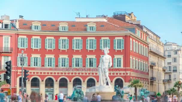 Fuente "El Sol" Fuente del Sol con una estatua de mármol del timelapse de Apolo. Francia, Niza — Vídeos de Stock