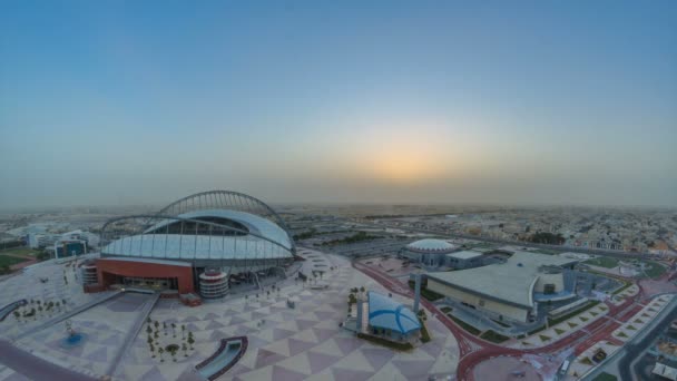 Αεροφωτογραφία του σταδίου Aspire Zone από την ανατολή του ηλίου timelapse στη Ντόχα — Αρχείο Βίντεο