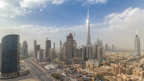 Vackra lyxiga Dubai downtown topp Flygfoto före solnedgången timelapse, Dubai, Förenade Arabemiraten — Stockvideo