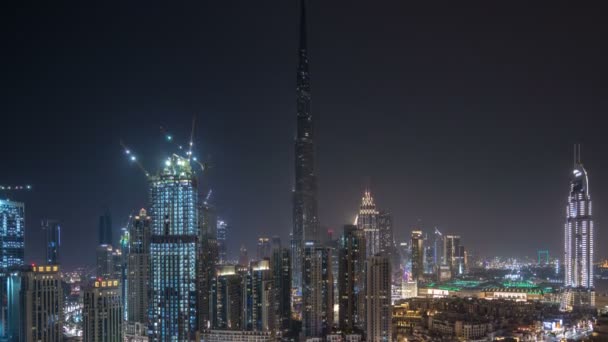 Dubai cityscape centro com Burj Khalifa, LightUp show de luz aérea timelapse — Vídeo de Stock